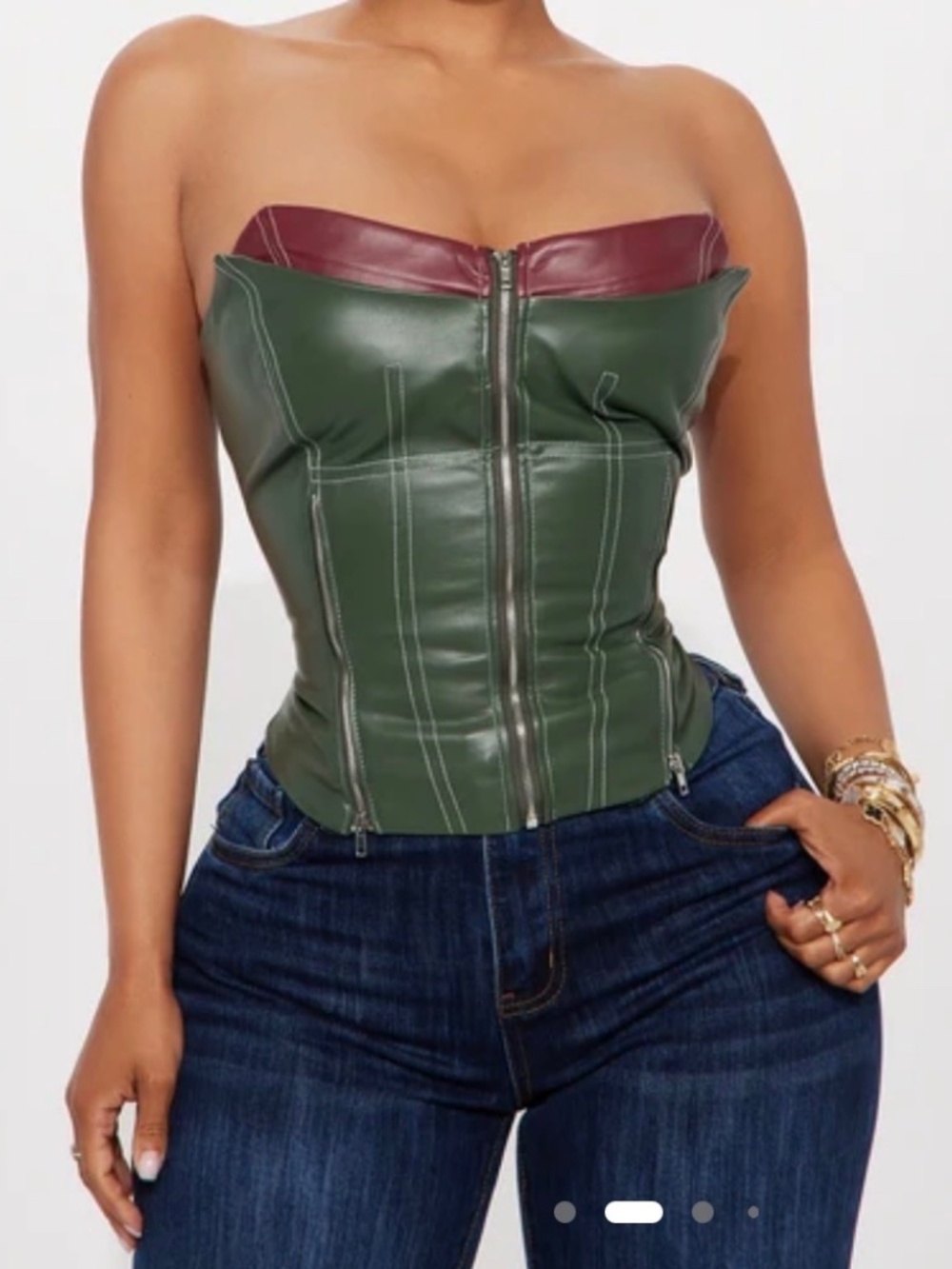 Y2K Green Faux Leather Bustier Zip Up Corset